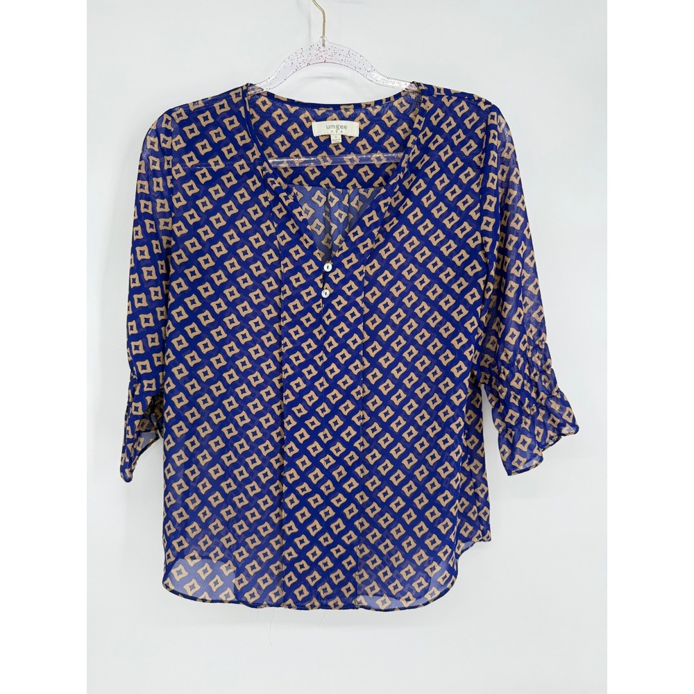 Umgee USA Womens Blue Tan Geometric Diamond Print Chiffon 3/4 Sleeve Blouse Sz S